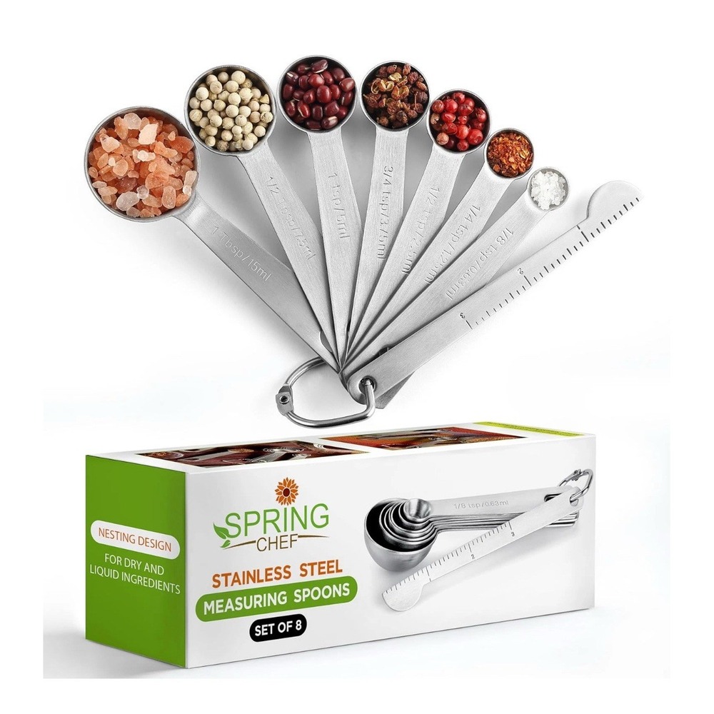 Stainless Steel Measuring Spoons Set of 8 with Leveler, Spring Chef Magnetic